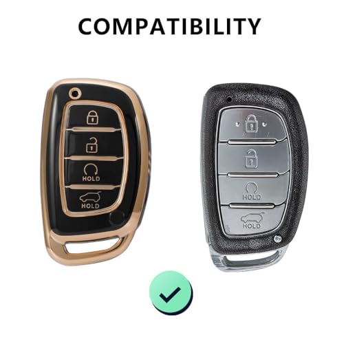 Image of TPU Car Key Cover Black & Golden Compatible for Hyundai Creta, Venue, I20 (2021),Alacazar, Elantra, Tuscon (Hyundai, 4 Button Push Smart Key New)