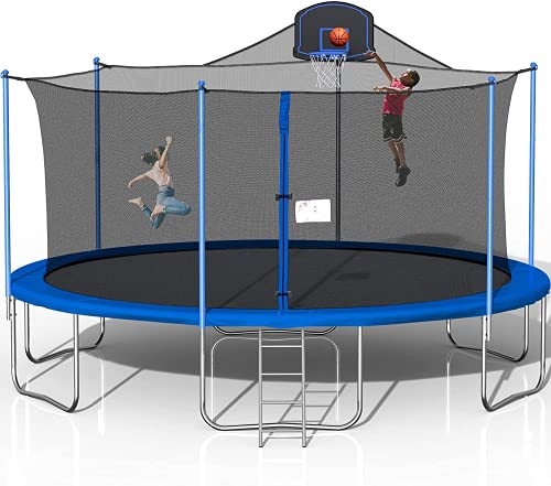 1000LBS 16 FT with Enclosure Net, Basketball Hoop, Jumping Mat, Spring Cover Pad and Ladder, Tranpoline for Adults Kids, Heavy-Duty Round Combo Bounce for Outdoor Backyard