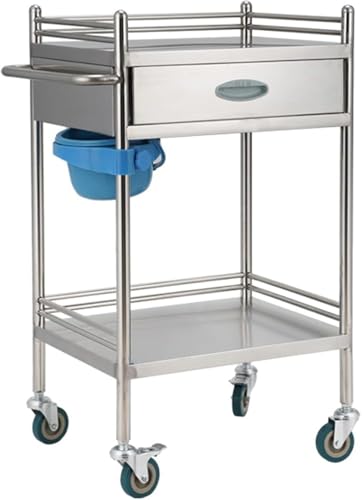 Stainless Steel Medical Cart, 2-Tier Rolling Trolley with Drawer for Versatile Storage in Labs, Hospitals, and Clinics, Max Load 100kg