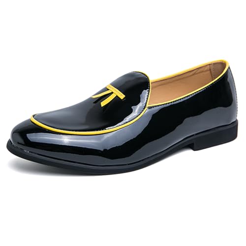 Men's Penny Loafers Patent Leather Loafers Slip-On Dress Shoes Black with Yellow Trim Formal Moccasins