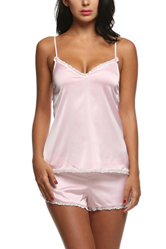 Ekouaer Mujer Conjunto de Pijama 2 Piezas Camiseta y Pantalones Ropa de Dormir de Satén Top Interior Encaje