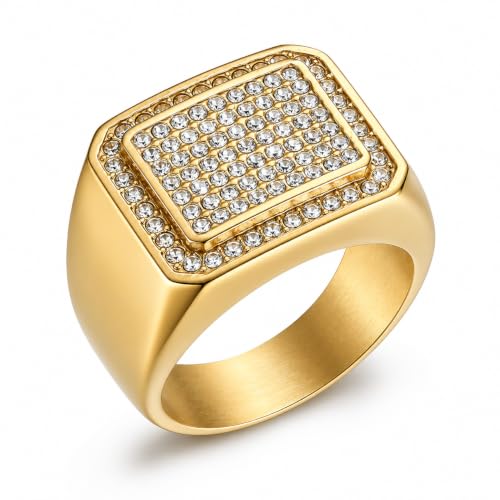 Fanshu Mens Gold Plated Stainless Steel Signet Ring, Iced Out Bling CZ Square Ring, Hip Hop Statement Jewelry, Rapper Fashion Pinky Vintage Punk Biker Ring for Men (10)