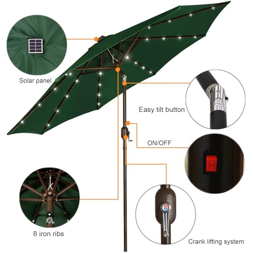 Image of Blissun 9 ft Solar Umbrella, 32 LED Lighted Patio Umbrella, Table Market Umbrella, Outdoor Umbrella for Garden, Deck, Backyard, Pool and Beach (Dark Green)
