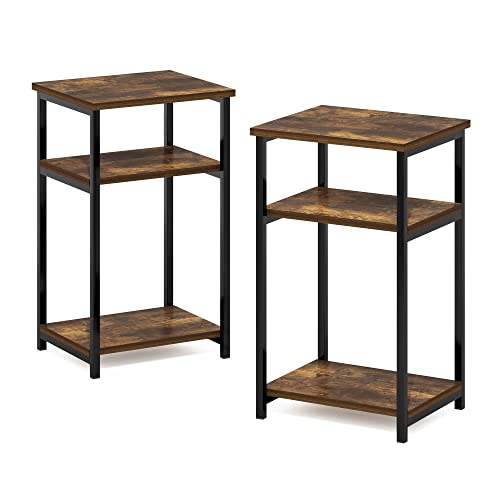 Image of Furinno Just 3-Tier Metal Frame End Table with Storage Shelves, 2-Pack, Amber Pine