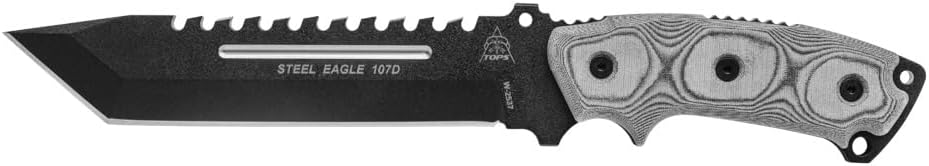 Tops Knives Steel Eagle 107D Full Tang Fixed Blade- Black Traction Coating Blade Finish- Black Kydex Sheath w/Rotating Spring Steel Clip