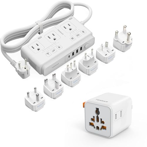 TESSAN Universal Travel Adapter with Dual AC Outlet (Type C G A I) and 220V to 110V Voltage Converter with 4 USB Ports (1 USB C), 3 AC Outlet and EU/UK/AU/IT/in/ZA International Power Adapte