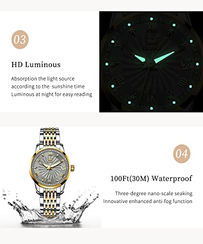 Olevs Automatic Watches Women Self-Winding Wristwatch Ladies Classic Diamond Two Tone Stainless Steel Date Day Grey Female Watch Gift #TOP5