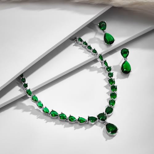 Image of Rubans Necklace Set Rhodium Plated Crystal Studded Jewellery Gift for Women & Girls