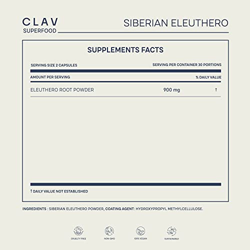 Clav® Siberian Eleuthero - 900Mg Siberian Ginseng Root Powder - Eleuthero Root - Energy Supplement - Reduction Of Tiredness & Fatigue - 60 Ginseng Capsules Vegan - Made In Germany #TOP5