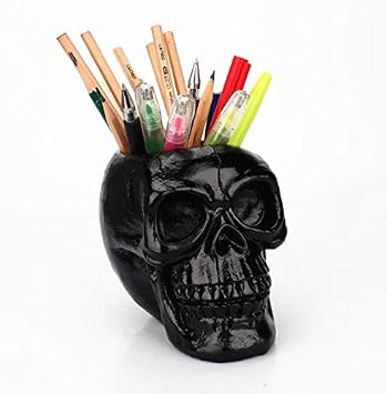 Mikayoo Skull Pen Holder - Makeup Brush Holder & Storage Box for Office Desk or Dressing Table - Green Plant Flower Pot & Halloween Skull Black
