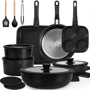 KIKCOIN Nonstick Pots and Pans Set 24 Pack – Kitchen Cookware Set with Detachable/Removable Handle – Cooking Pans Set with Frying Pans, Egg Pan – Stackable, Oven Safe, Induction Ready