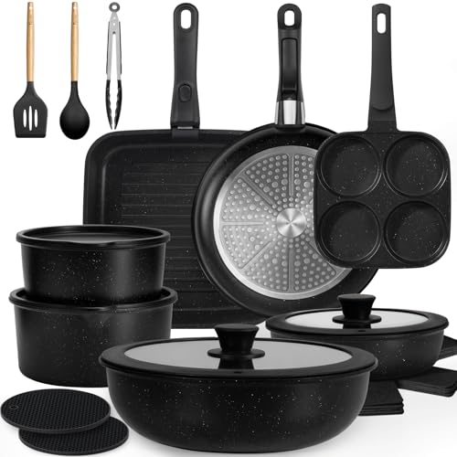 KIKCOIN 24 Pack Pots and Pans Set Non Stick, Detachable Handle Cookware Set, Induction RV Kitchen Cooking Set with Removable Handle, Frying Pans, Egg