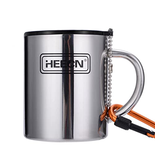 HEECN® Tasse de Camping avec Mousqueton et Couvercles - Tasse à café double paroi inox - Mug Isotherme - tasse metal randonnee HESS-038 (330 ml avec...