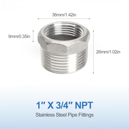 Kodilin 10PCS 304 Stainless Steel Reducer Hex Bushing, 1\" NPT Male x 3/4\" NPT Female, Reducing Pipe Fitting Adapter - Thumbnail 2