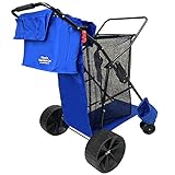 Beach Umbrella Wagon Cart Deluxe – Heavy Duty Folding Ocean Utility Cart – Large Sand Wheels – Holds 4 Beach Chairs – Storage Pouch -Holder –Removable Bag - Solid Blue