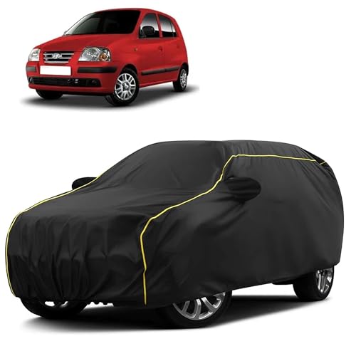 Image of Sulfar 100% Water Resistant Car Body Cover Compatible with Mirror for Hyundai Santro Xing (Triple Stitched, Full Bottom Elastic, Black Taffeta with Yellow Piping)