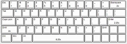 Diagram showing the 64-key layout of the keyboard with keycap sizes.