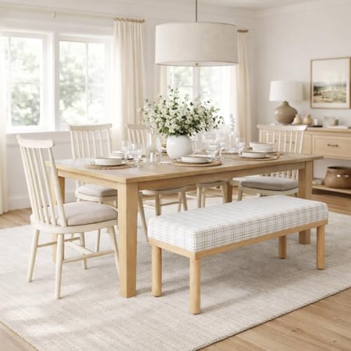 Image of HomePop 47.5 inch Oslo Bench - Natural Plaid Woven Fabric