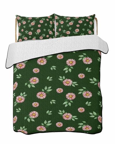 Yaiikkvbaa Quilts Queen Size Bedding Set, Flower Pink Summer Quilt 3 Pieces Bedding Sets, Green Botanical Leaf Garden Floral Black Reversible Bedspreads Coverlets with 2 Pillow Shams for All Season