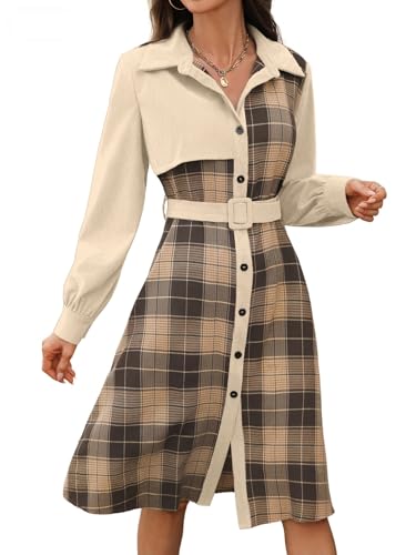 Damen Vintage Kariertes Hemdkleid Cord Patchwork Langarm Gürtel A-Linie Midikleid