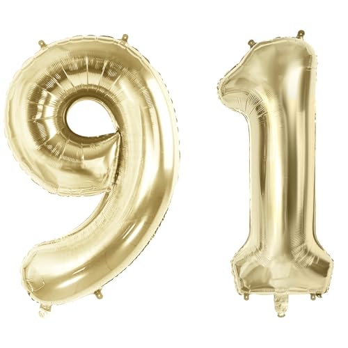 Number 91 Balloons for 91st Birthday Party Decorations, 40" Champagne Gold Foil Helium Balloons, 40 Inch 0-100 Anniversary Supplies for Women Men and Grandpa Grandma