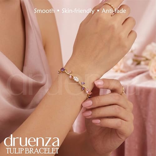 Image of druenza Tulip Bracelet for Women Stylish | Gold Plated Floral Crystal Jewellery | Elegant Adjustable Chain Bracelet for Girls Stylish | Trendy Daily Wear Party Jewelry Gift for Women & Girls