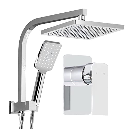 Cefito Shower Head Set, 8" Rain Hand Showers Rail Taps Holder Handheld Mixer Faucet Showerhead Tap Kit Bath Accessories Bathroom Fixtures Wall, High Pressure 1.5m Stainless Steel Water Hose Silver