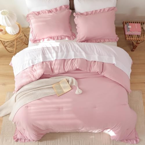 Image of JANZAA Baby Pink Comforter Set Twin - Soft Microfiber, Lightweight All Season Bedding, Ruffle Shabby Chic Aesthetic, Breathable Cozy Bed Set with 1 Pillow Shams, Machine Washable