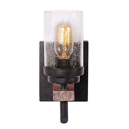 Eumyviv Rustic Wood Wall Sconce With Seeded Glass Shade, Vintage Industrial Hardwire Bathroom Light Log Cabin Home Retro Edison Wall Light Fixtures 1-Light, Black (17804) #TOP4