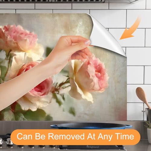 Image of Vintage Pink Rose Kitchen Backsplash Peel and Stick, 35.4x23.6 in