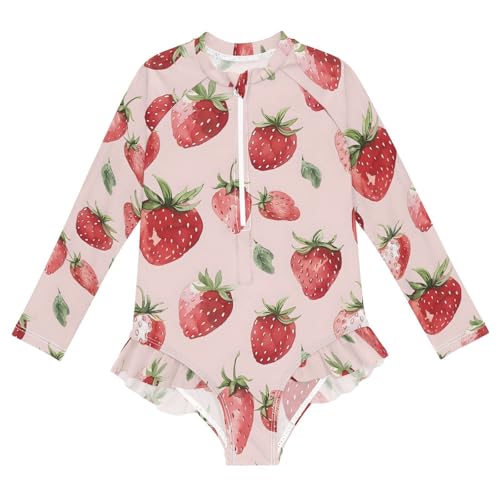 ALAZA Strawberry Watercolor Hipster Girls One Piece Swimsuit Long Sleeve Rash Guard Swimsuits UV 50+ Swimwear Zipper