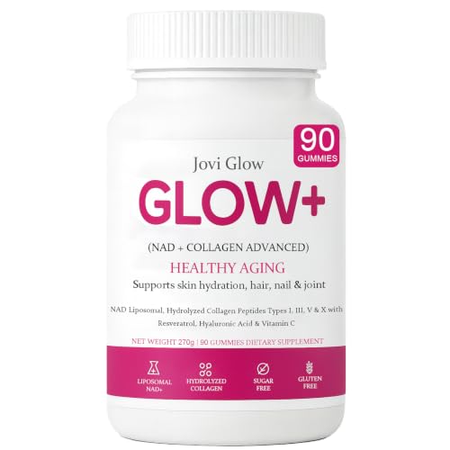 AIFBENK Jovi Glow+ NAD+ & Collagen Gummies with Hydrolyzed Collagen Peptides Resveratrol Hyaluronic Acid & Vitamin C Anti-Aging Supports Skin Hair & Nail Wellness Daily Vitality Gummies