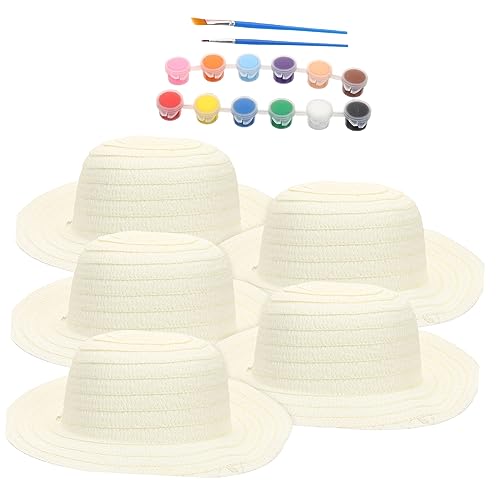 VANZACK 1 Set DIY Straw Hats Painting Craft for Kit with Blank Straw Hats Paints and Brushes Creative for Ages for School Projects and Outdoor Fun