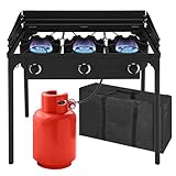 Bonnlo 3-Burner Outdoor Portable Propane Burner Stove 225,000-BTU Gas Cooker with Windscreen & Carrying Bag, Heavy Duty Iron Cast Patio Burner with Detachable Stand Legs for Camp Cooking