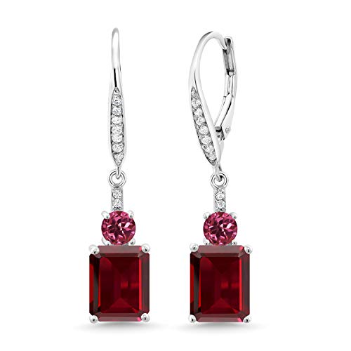 Gem Stone King 5.72 Ct Octagon Red Garnet Pink Tourmaline 925 Sterling Silver Dangle Earrings for Women