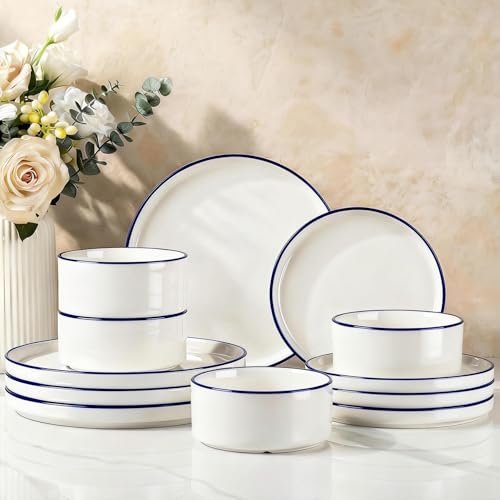 Image of Famiware Porcelain Dinnerware Set, 12-Piece Modern Plate and Bowl Set, Dish Set for 4, Microwave and Dishwasher Safe Tableware, White with Blue Trim