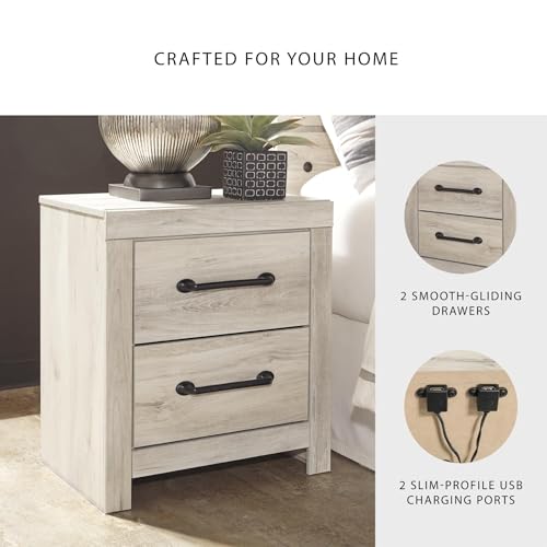 Image of Signature Design by Ashley Cambeck Farmhouse Industrial 2 Drawer Two Drawer Nightstand with 2 Slim-Profile USB Charging Stations, 24.37 inch Tall, Whitewash