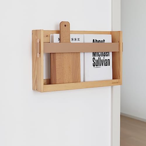 MOIUCUN Zeitschriften Wandhalter mit PU Lederriemen,Holz Zeitschriftenständer, Wandorganizer für Eingangsbereich, Büro, Wohnzimmer, Wartezimmer, Größe 44 x 27 x 9 cm,2er Pack (Holzfarbe)
