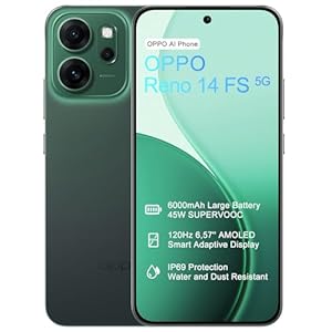 OPPO Reno14 FS 5G 12+512GB Smartphone ohne Vertrag, Simlockfreies AI Handy Android, 120Hz 6,57" AMOLED, 50MP AI Kamera, 6000mAh Akku, SUPERVOOC 45W, Snapdragon 6 Gen 1, IP69, Dual SIM, NFC, Grün