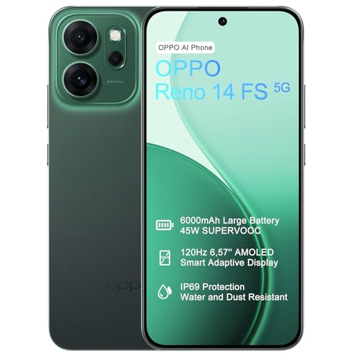 OPPO Reno14 FS 5G 12+512GB Smartphone ohne Vertrag, Simlockfreies AI Handy Android, 120Hz 6,57' AMOLED, 50MP AI Kamera, 6000mAh Akku, SUPERVOOC 45W, Snapdragon 6 Gen 1, IP69, Dual SIM, NFC, Grün