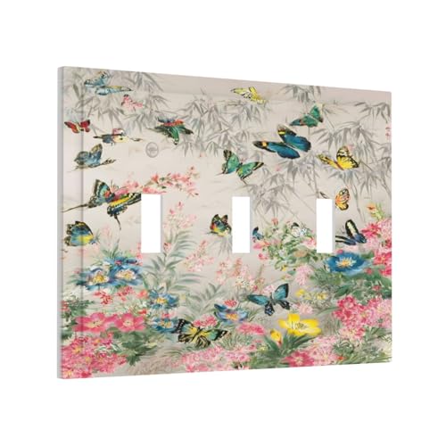 Decorative Switch Covers Plate Boho Wildflowers Butterfly Rustic Blue Pink Flowers 3 Gang Wall Plate Oversized Triple Toggle Light Switch Plate Jumbo Faceplate for Country Home Decor