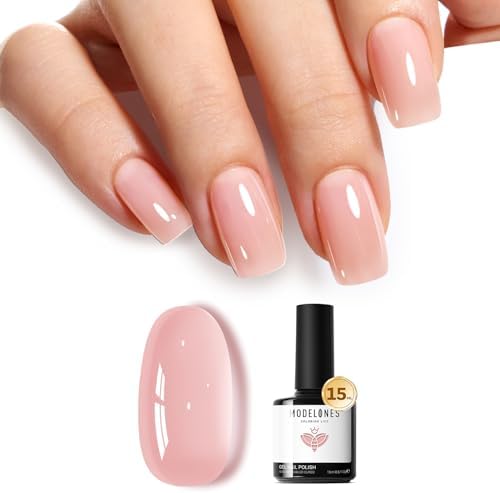 modelones Pink Gel Nail Polish Nude Pink Nail Polish Jelly Sheer Natural Translucent Soak Off U V Gel Clean Girl Valentine Nails for Women Nail Art French Tip Manicure 15 ML