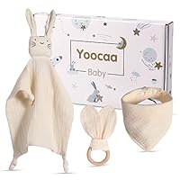 Yoocaa Baby Geschenk zur Geburt Junge and Mädchen, Reiner Musselin Baumwolle Schmusetuch, Lätzchen und Beißring Geschenke zur Geburt (Beige)