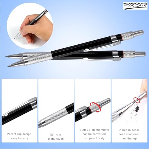 Image of worison 2.0mm Mechanical Pencil Lead Pencil for Drawing, Carpenter,Crafting Art,Sketching with 12 Pcs Refill, Ink Color-Black