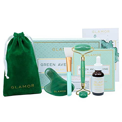 Glamor Luxury Glam Kit 4-in-1 Indian Jade Face Roller + Gua Sha Stone + Vitamin C Serum + Brush - Anti Aging Skin Care Face Tools Facial Massager Improve Complexion, Reduce Puffy Eyes, Fine Lines