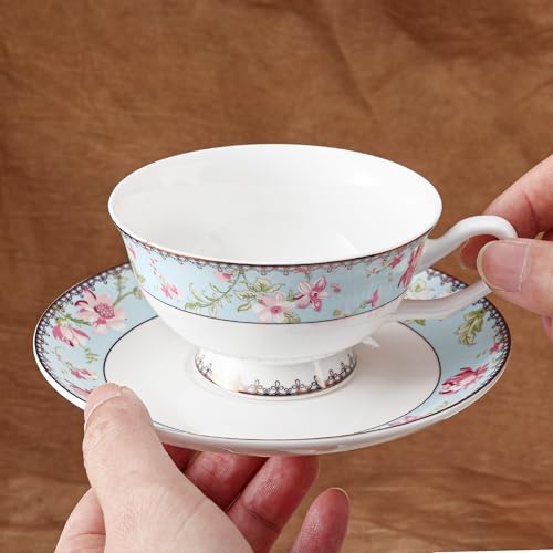 fanquare Vintage Porcelanowy zestaw filiżanek i spodków z łyżeczką 200 ml, różowy niebieski niebieski kwiatowy wzór filiżanka i złota krawędź kubek śniadaniowy do domu biura