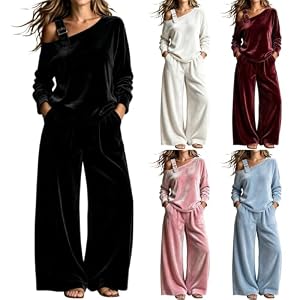Hausanzug Damen Samt 2‑Teilig, One‑Shoulder Oberteil, Wide‑Leg Hose