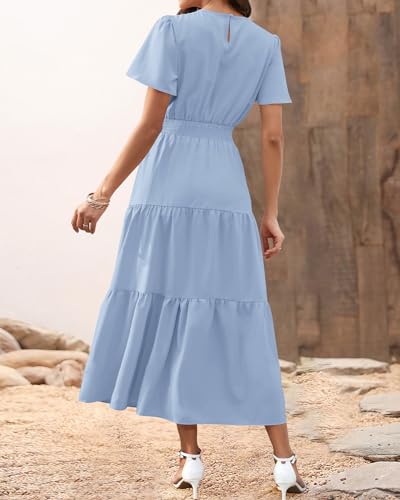 Image of PRETTYGARDEN Women's Casual Smocked Boho Floral A-Line Maxi Dress 2026 | Summer Short Flutter Sleeve Crewneck Tiered Long Sundress,Fall Wedding Guest Dresses,Spring Cute Flowy Beach Vacation Clothes