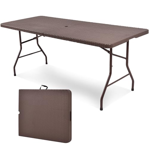 SPOTRAVEL 5FT/6FT Folding Camping Table, Portable Picnic Table with Carrying Handle, Fold-In-Half Outdoor Dining Trestle Garden Desk for Party BBQ (6FT, 150KG Capacity, Brown)