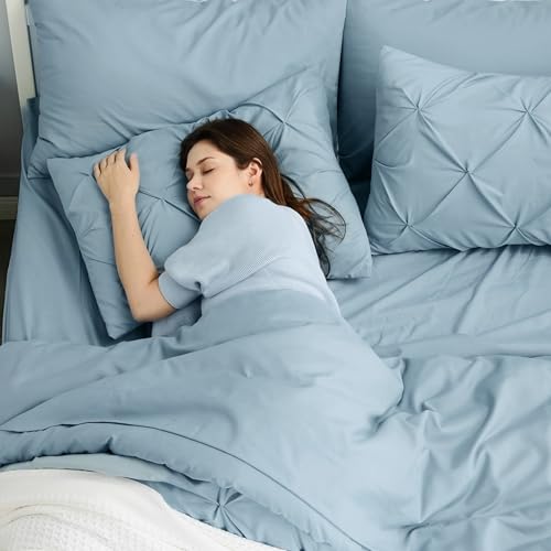 Image of Bedsure Queen Comforter Set Light Blue - Bed in a Bag Queen Size Bedding 7 Pieces, GentleSoft Pintuck Bed Set Gift for Family, All Season Down Alternative Comforter with Sheets, Pillowcases & Shams